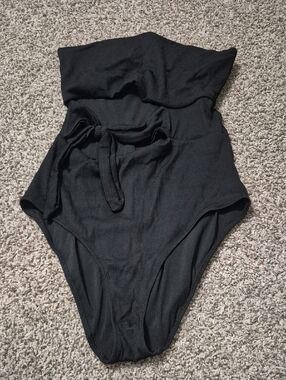 Black Ribbed Kids One-Piece Swimsuit with Waist Tie